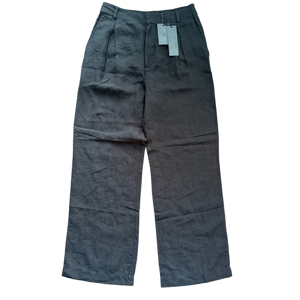 Jenni Kayne Linen Kyle Trouser Black Wide Leg Pleated Pants Size 12 NEW